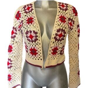 Open Knit Granny Square Crochet Cardigan Sweater Sz M Bohemian Grannycore Cotton